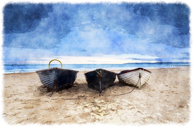 Fishing boats under a brooding sky