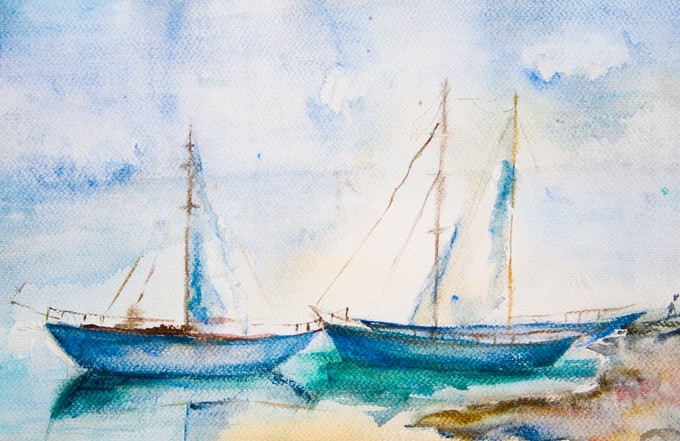 Moored boats at sea - watercolor painting