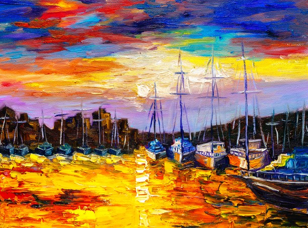 Oil Painting - Fishing Village at Sunset