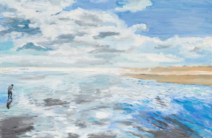 Oil painting illustrating a man on the seaside on a summer day