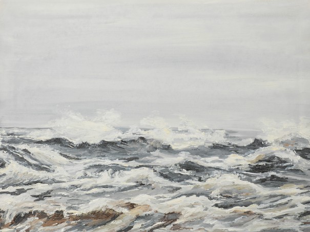 Oil painting illustrating agitated sea waves on a cloudy day
