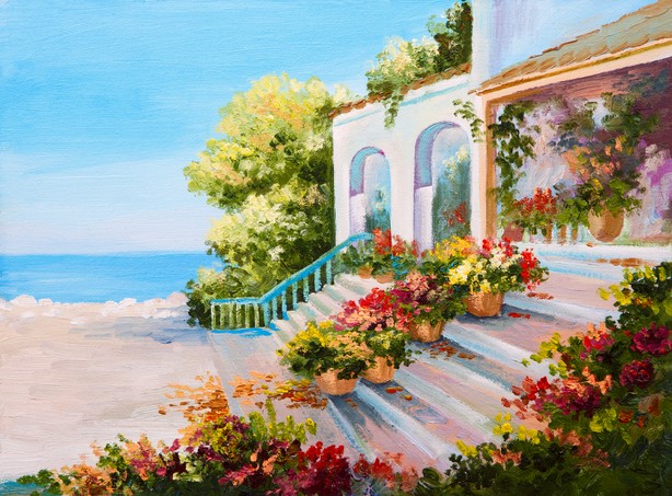 Oil painting landscape - terrace near the sea with flowers