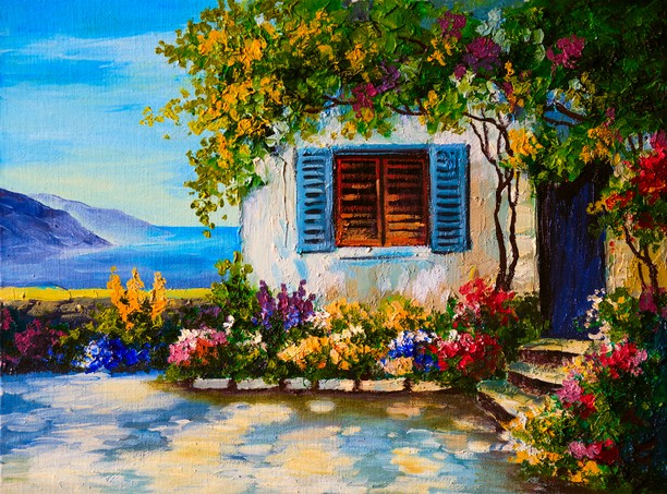 Oil painting on canvas - Beautiful villa and flowers near the sea