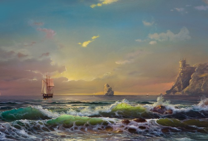 Oil painting on canvas , sailboat against a backdrop of sea and sunset