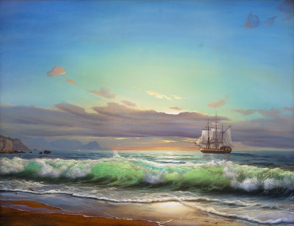 Oil painting on canvas , sailboat against a background of sea and sunset