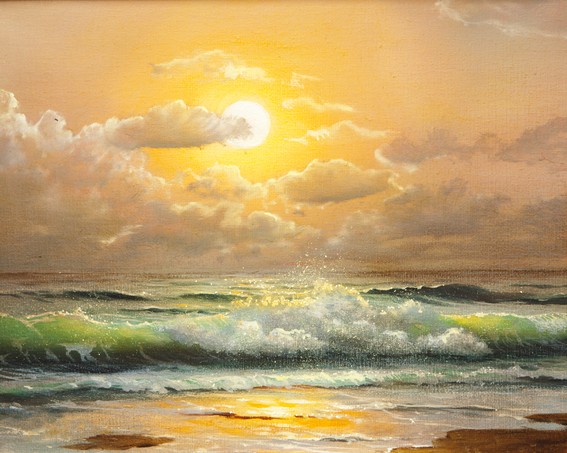 Oil painting on canvas - sailboat at sea sunset
