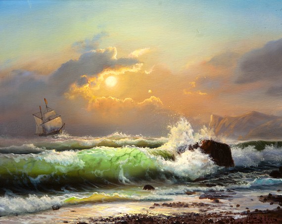 Oil painting on canvas , sailboat in rough seas at sunset