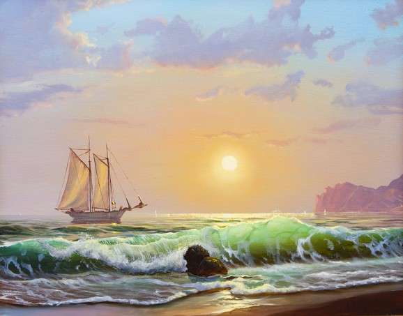 Oil painting on canvas, sailboat on the sea at sunset