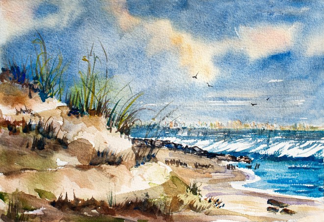 Original watercolor art painting of the ocean, surf and sand