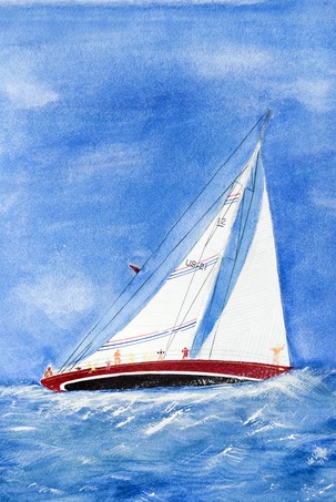 Sailboat on the high seas in watercolor
