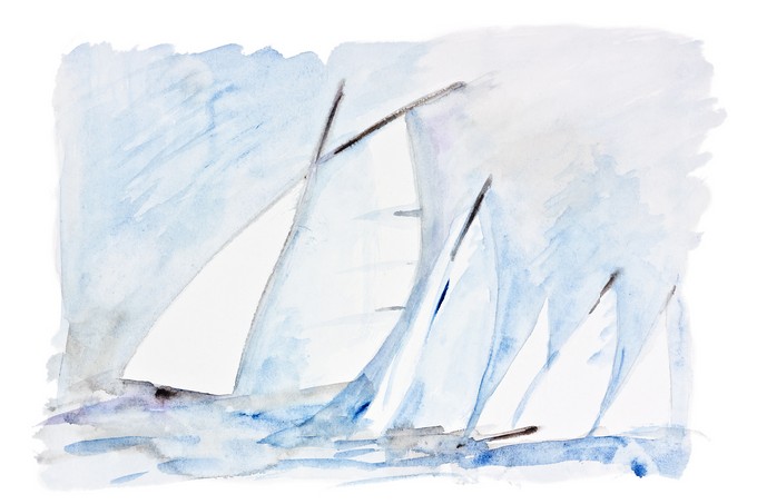 Sails and yachts catch a wind in the sea concept- handmade watercolor painting illustration on a white paper art background