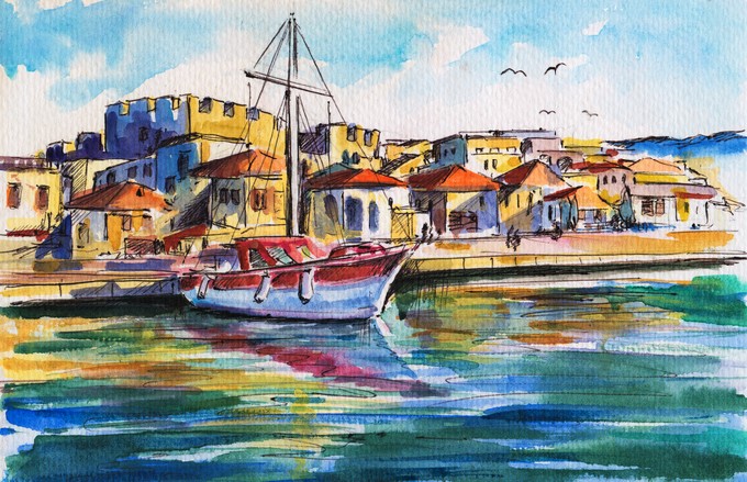 Summer landscape with sailing boat in harbor