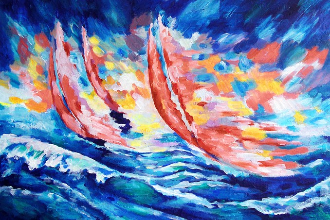 Three red sails against the sky and the sea and the coming sun drawn by oil color on canvas