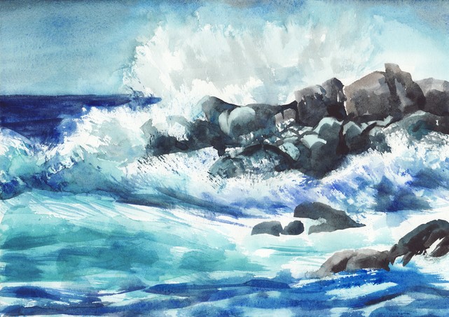 Watercolor painting of the blue storming sea