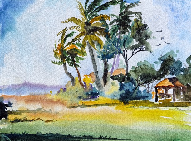 Watercolor painting of tropical scene with palm trees