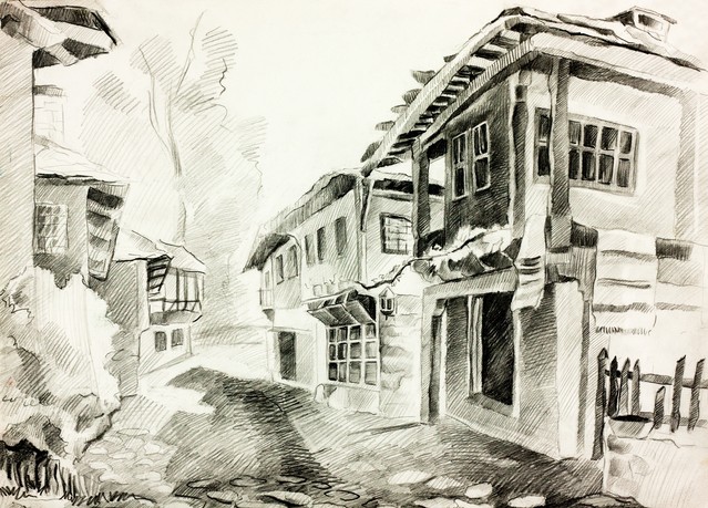 A bulgarian traditional village street with houses