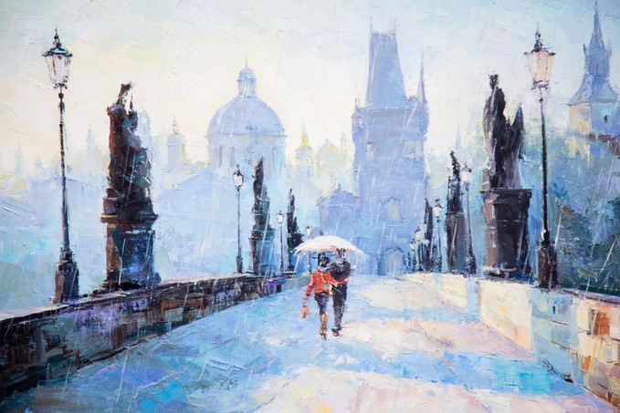 Oil painting, art, a pair of lovers under an umbrella, the rain, the bridge, go away