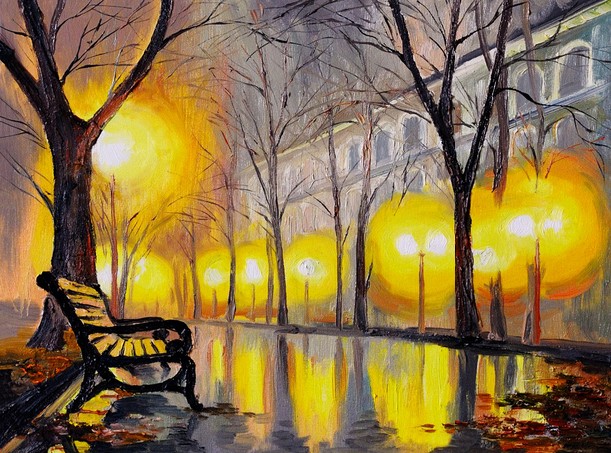 Oil painting of autumn street