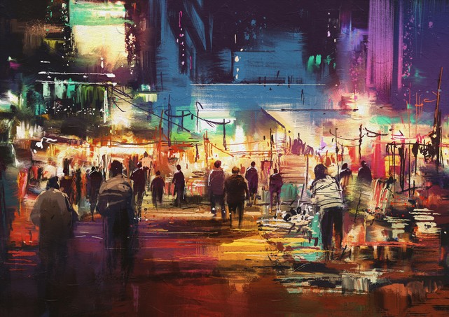 Painting of shopping street city with colorful nightlife