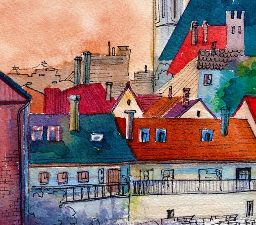 Picturesque czech small town watercolor illustration