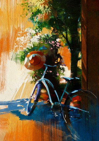 Vintage bicycle and old hat on summer day - digital painting