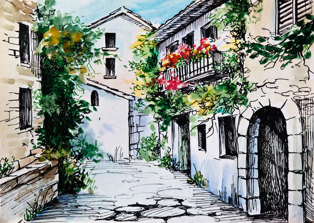 Watercolor painting - flowers along the street