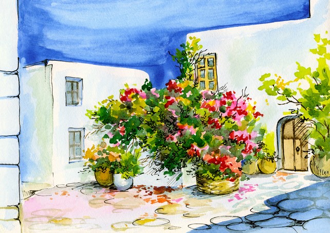 Watercolour bouquet of flowers on the patio