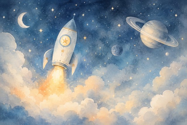 A dreamy rocket journey through stars