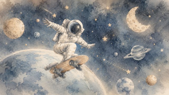 Astronaut skateboarding through the cosmos