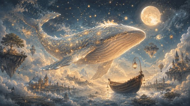 Celestial whale over glowing fantasy city