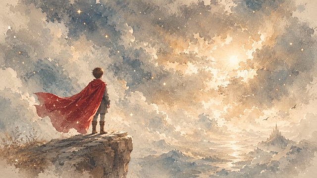 Contemplative figure on a misty cliff