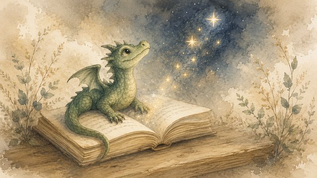 Curious dragon with magical book