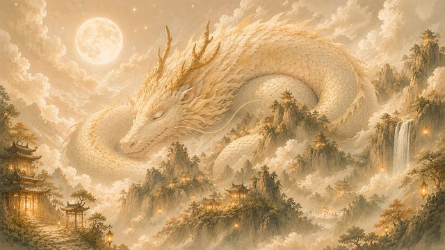 Dragon's tranquil guardianship in moonlight