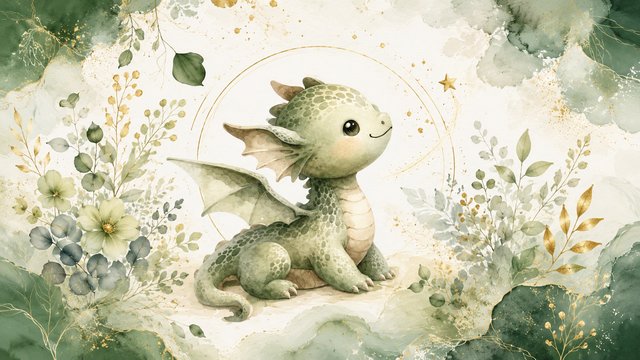 Dreamy baby dragon in botanical wonderland