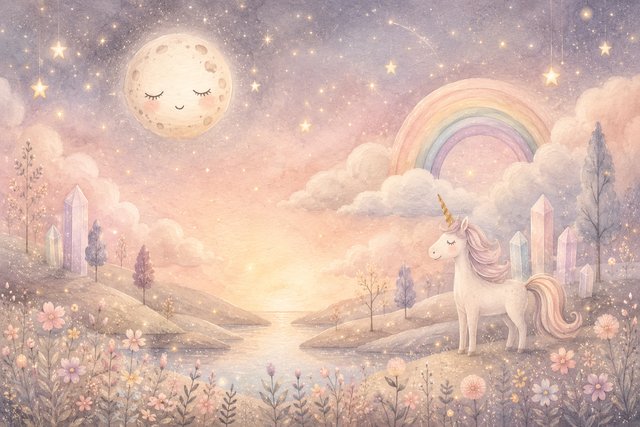 Dreamy pastel unicorn in twilight landscape