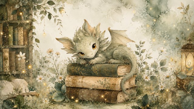 Enchanted dragon in a magical library