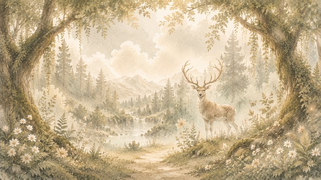 Enchanted forest glade with a stag