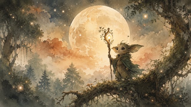 Enchanted forest guardian under the moon
