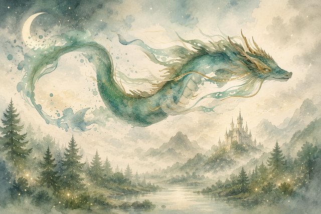 Ethereal dragon over misty landscape