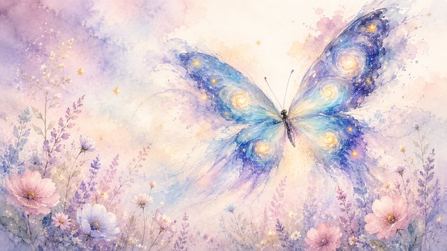 Galactic butterfly in a pastel meadow