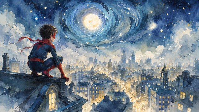 Hero on the rooftop at night