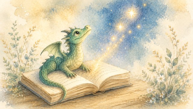 Magical dragon and book under starlight