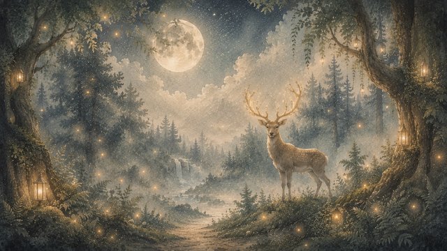 Magical moonlit forest with glowing stag