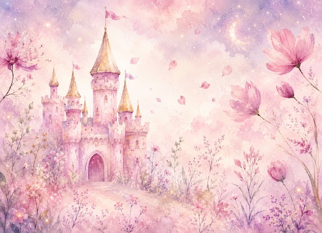 Magical watercolor castle in bloom