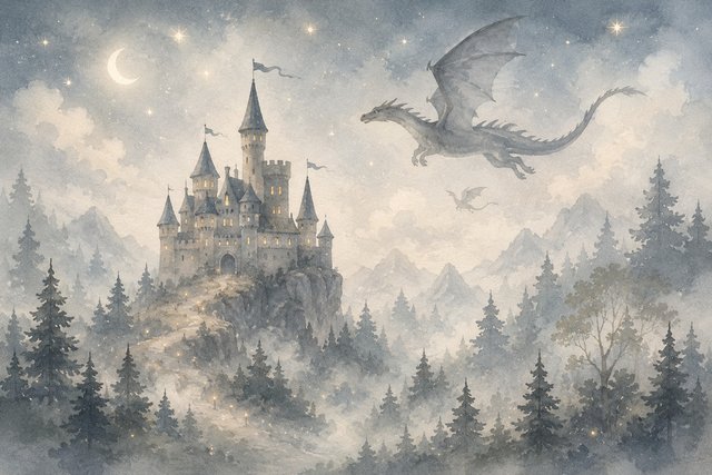 Misty castle with dragons in moonlight