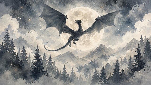 Misty dragon flight under full moon