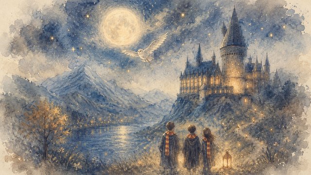 Moonlit castle and enchanted night sky