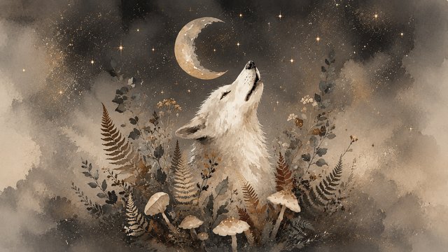 Mystical wolf under a crescent moon