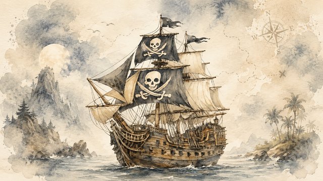Pirate ship on a misty sea