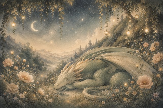 Sleeping dragon in a magical meadow